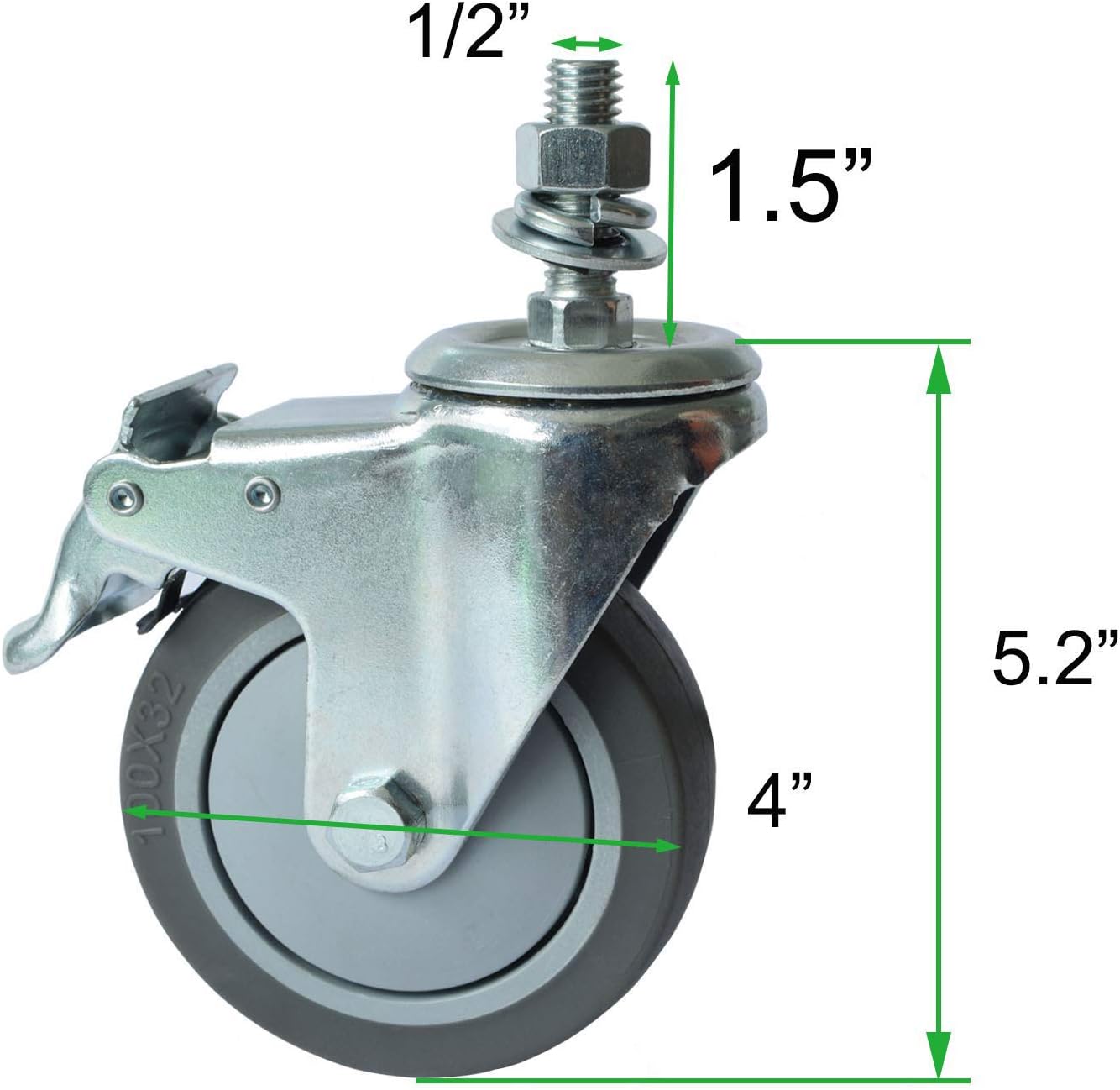 AAGUT 4 Inch Brake Stem Casters 1/2"-13x1-1/2", Swivel Stem Caster, Grey Wheel Industrial Castors Heavy Duty Replacement for Carts Set of 4 : Industrial & Scientific