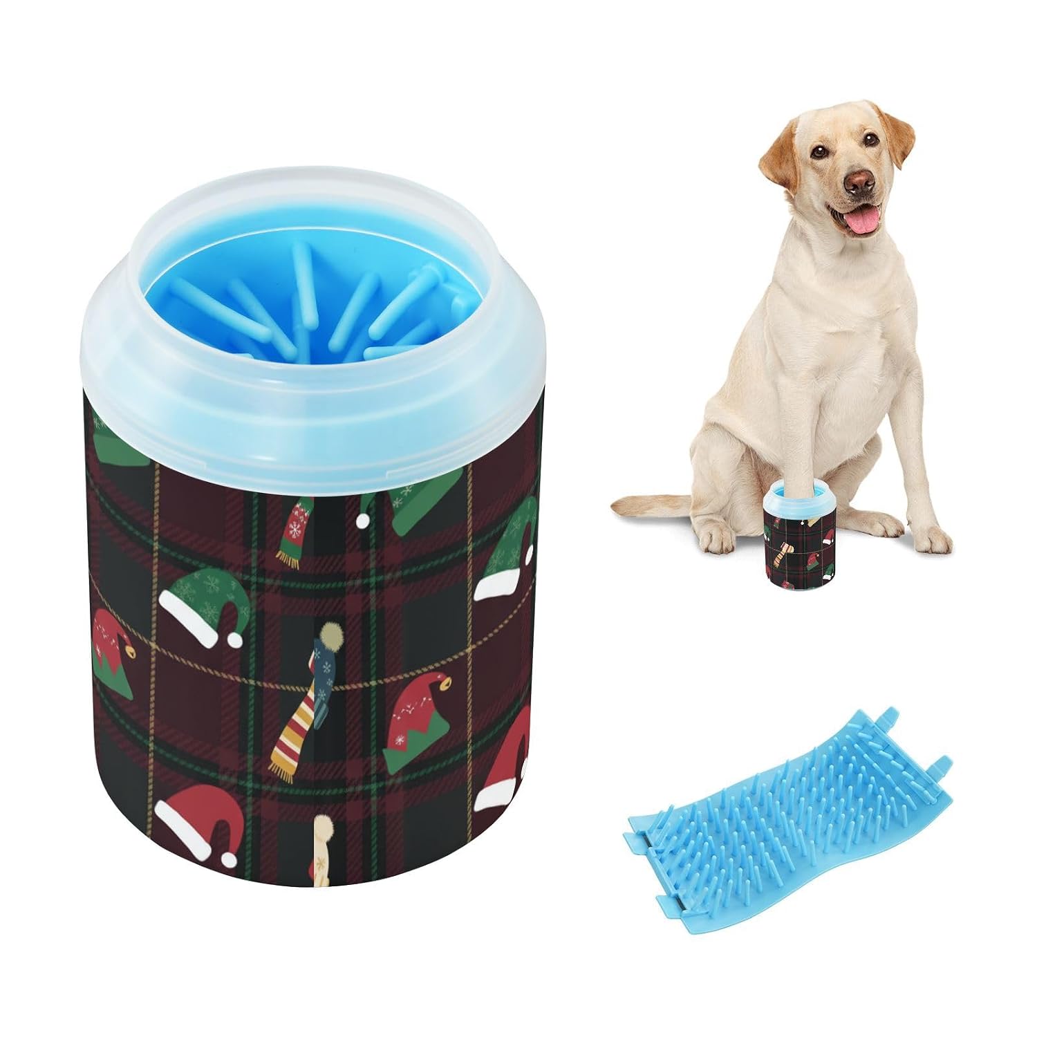 Christmas Burgundy Plaid Colorful Hats Scarves Portable Paw Cleaner Cup Soft Silicone Bristles Feet Bathing Brush for Dogs Cats