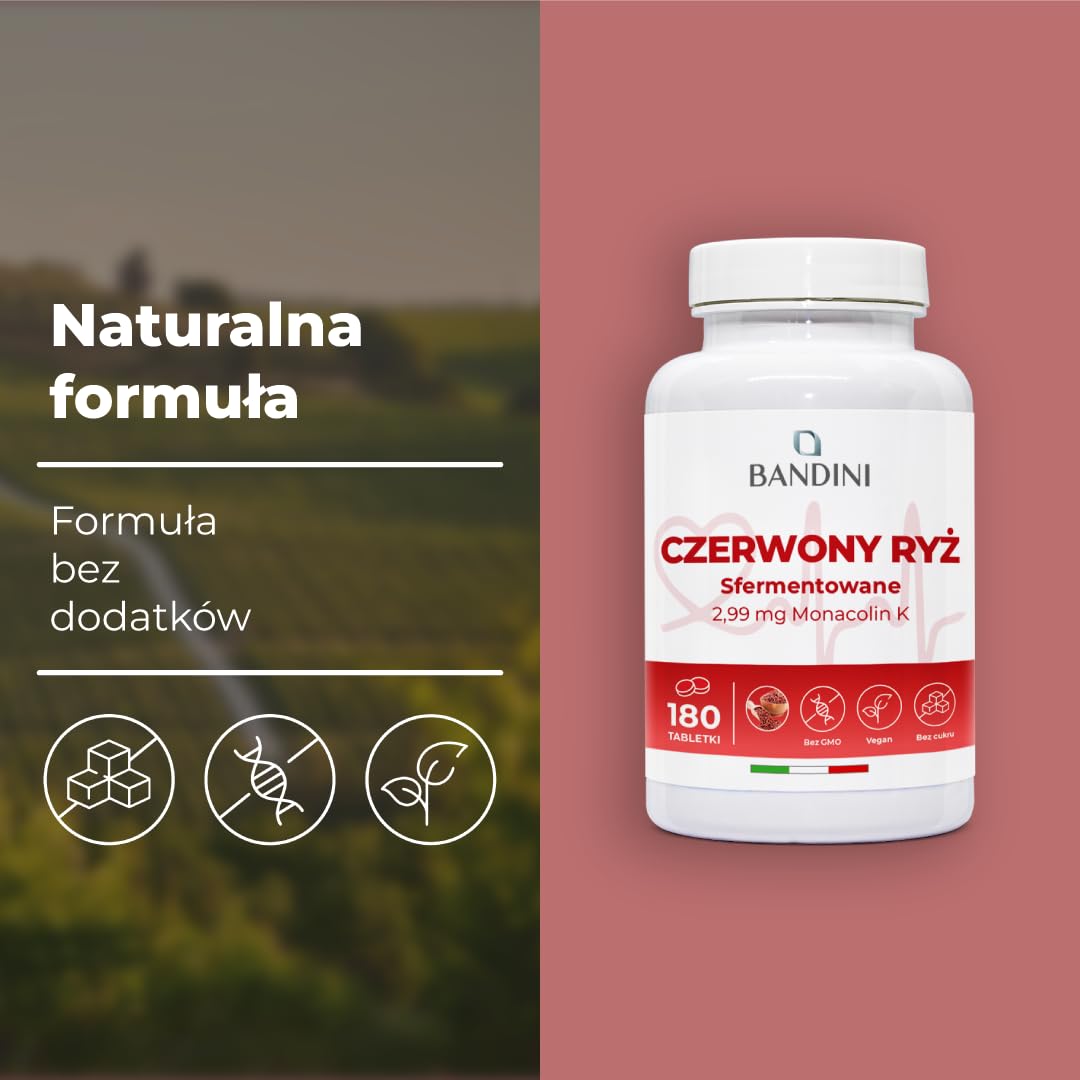 Bandini® CZERWONY RYŻ 180 tabletek - 6 MIESIĘCY kuracji - Suplement na bazie Sfermentowanego Czerwonego Ryżu - Przyczynia się do utrzymania prawidłowego poziomu cholesterolu we krwi