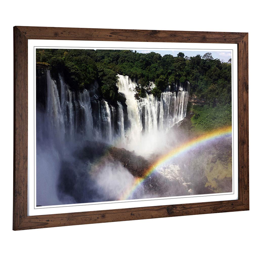 Big Box Art Framed Print of Landscape Angola Forest Rainbow Waterfall Design | Wall Art Picture | Home Decor for Kitchen, Living Room, Bedroom, Hallway, Walnut, A2 / 24.5x18 Inch / 62x45cm