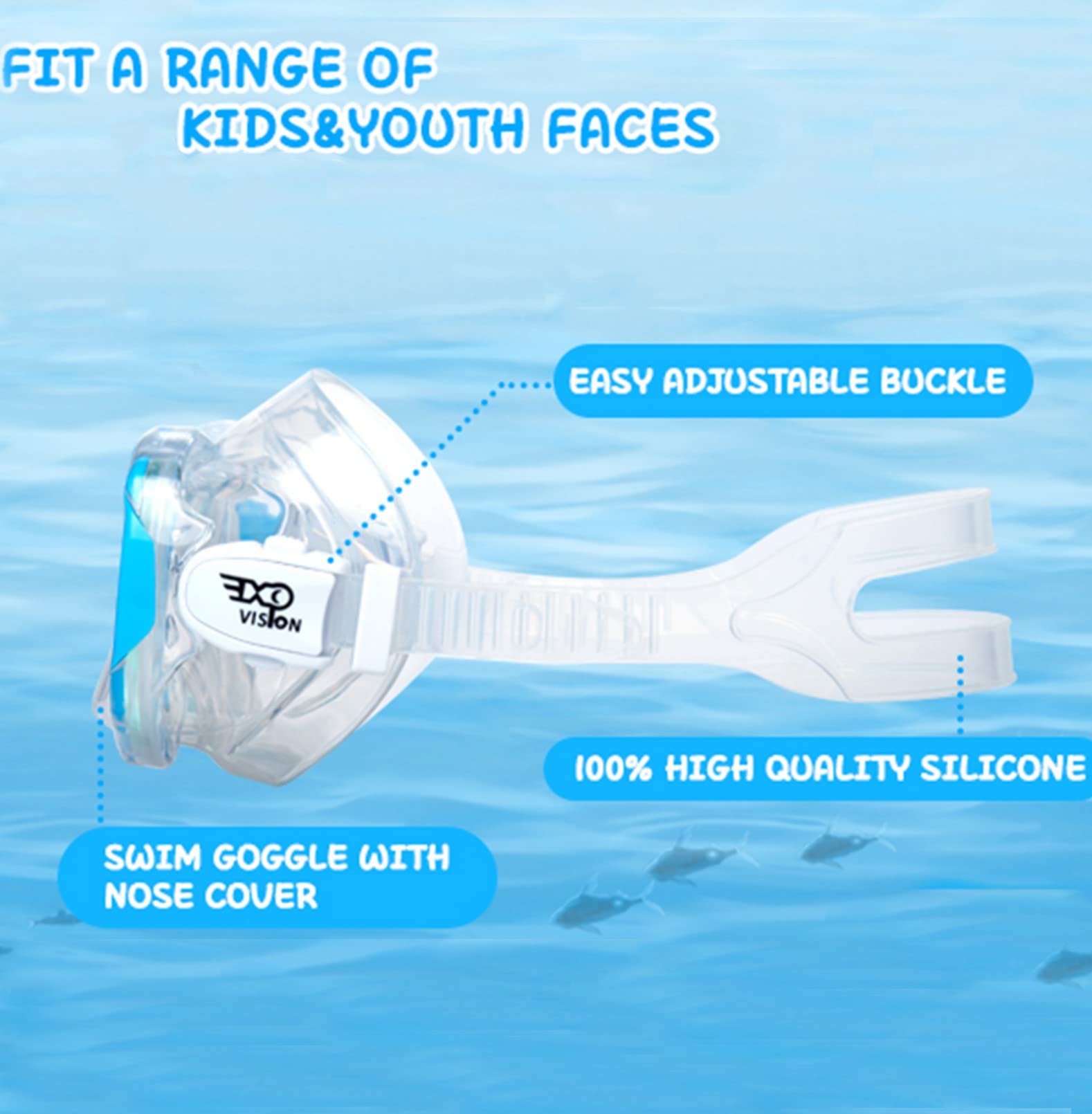 Maschera Da Snorkeling Per Bambini 4-12 Anni Con Protezione Naso E Tappi Orecchie – Visione 180° Antiappannamento, Lenti In Vetro Temperato, Colore Blu