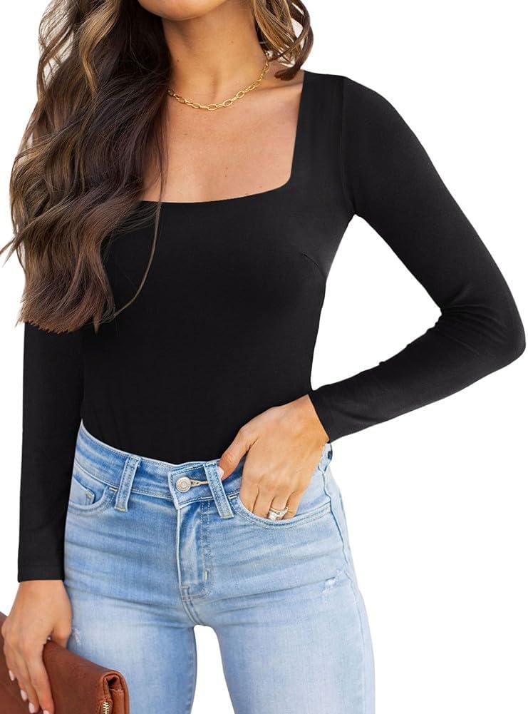 REORIA Womens Basic Sexy Square Neck Double Lined Long Sleeve Bodysuit Tops Jumpsuits