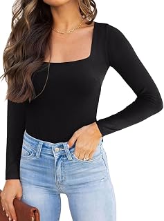 REORIA Women's Long Sleeve Bodysuit Sexy Square Neck Double Lined Overalls black S