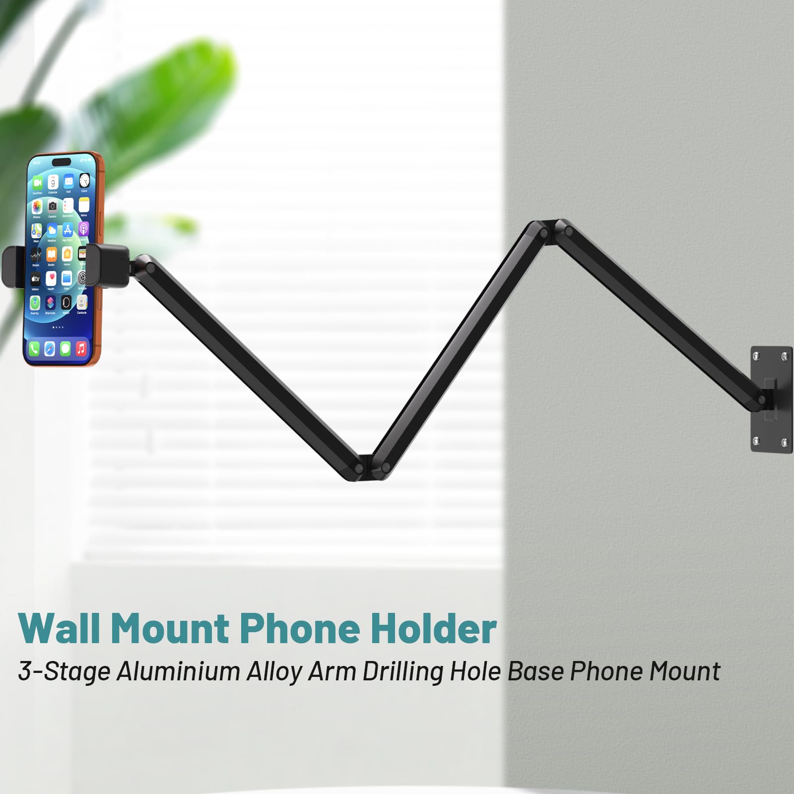 Supporto per telefono per scrivania, letto, supporto per telefono da parete, supporto per iPhone in alluminio a 3 fasi, bracci estensibili pieghevoli e base resistente, compatibile con iPhone/HTC/LG