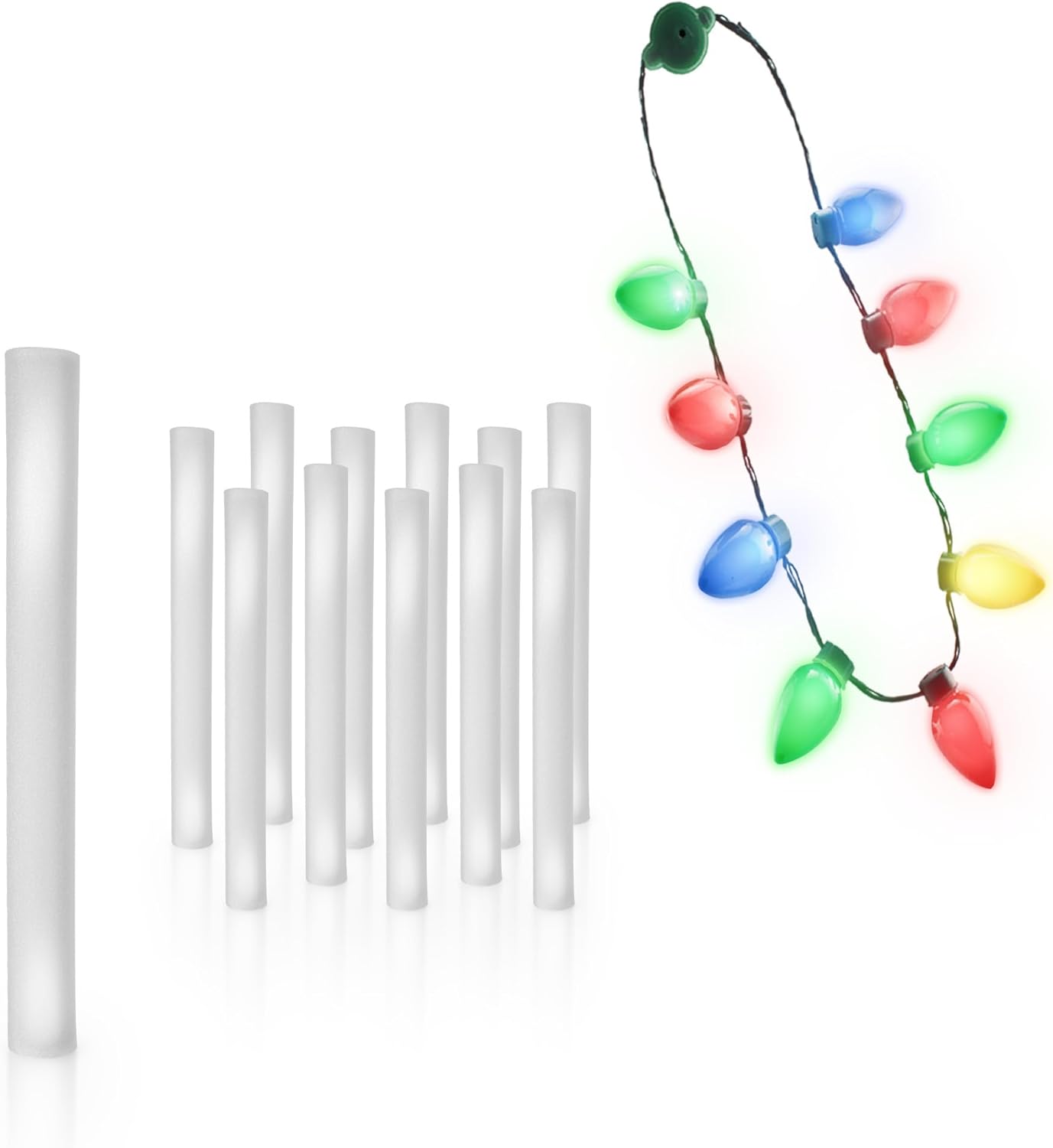 Fun Central Windy City Novelties Holiday Party Glow Bundle – 12 LED Foam Sticks (White) + LED Light-Up Christmas Bulb Necklace with 6 Modes – Festive Lights for Celebrations & Events