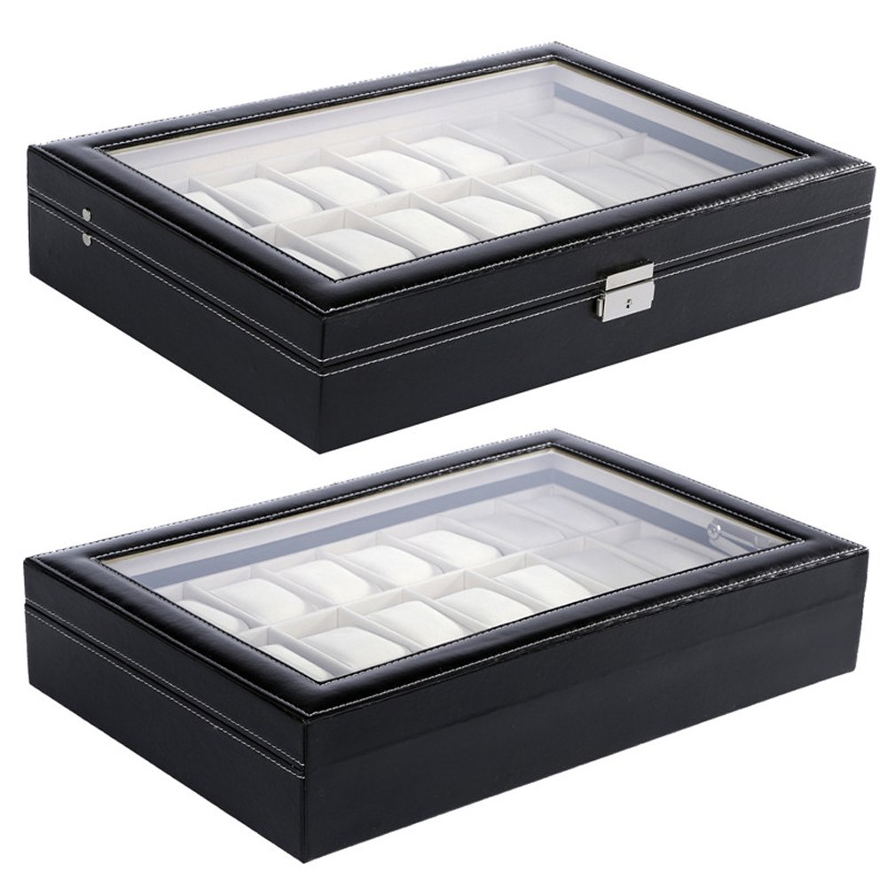 COFANETTO PORTA OROLOGI 24 POSTI IN SIMILPELLE COPERCHIO IN VETRO 43x28x9,5CM