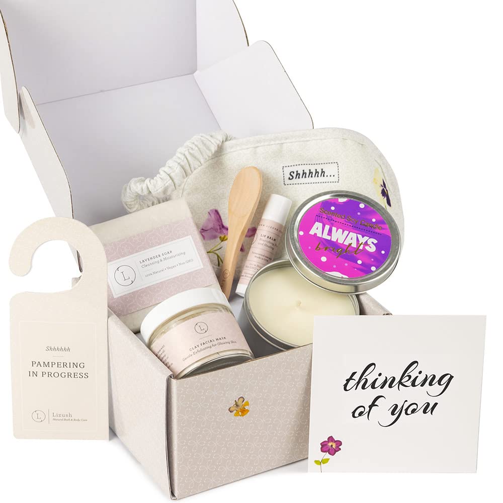 Lizush Luxury Spa Gift Basket And Self Care Gifts For Women With Lavender Candle, Soap Bar, Facial Mask, Lip Balm, Eye Mask, Door Hang Tag - Thinking Of You - 6 Piece Set