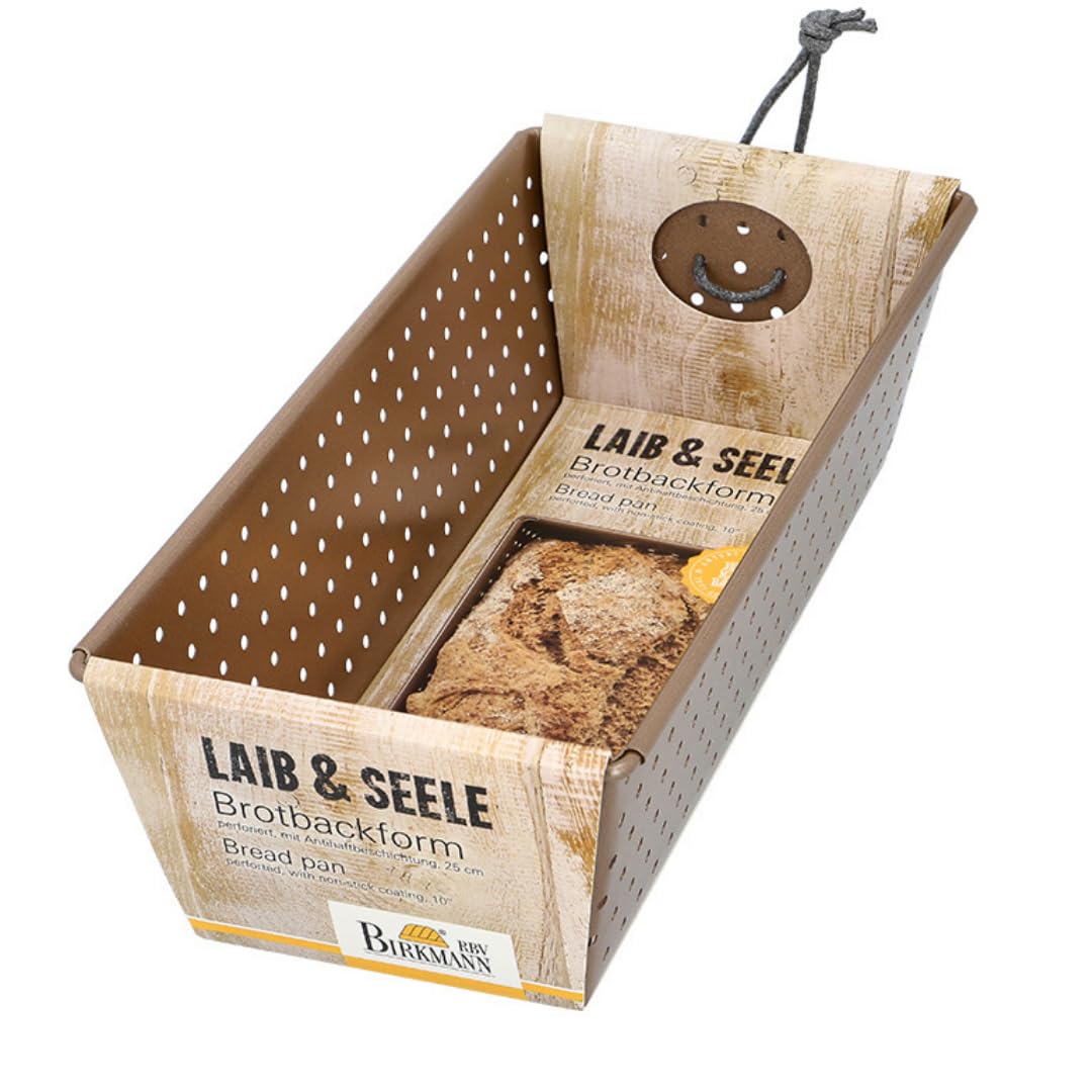 Birkmann, Loaf & Seele, Perforated Bread Baking Tin, 25 cm, Baking Mould for Small Breads, Bronze-Coloured Carbon Steel, with Non-Stick Coating and Recipes, 210516
