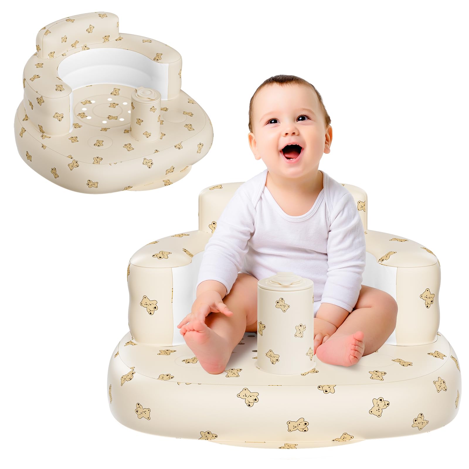 Momsnug Inflatable Baby Seat for Babies 3 Months and Up, Blow Up Baby Floor Seat with Built in Air Pump, Summer Bumbo Seat for Learning to Sit, Feeding, Camping (Bear)