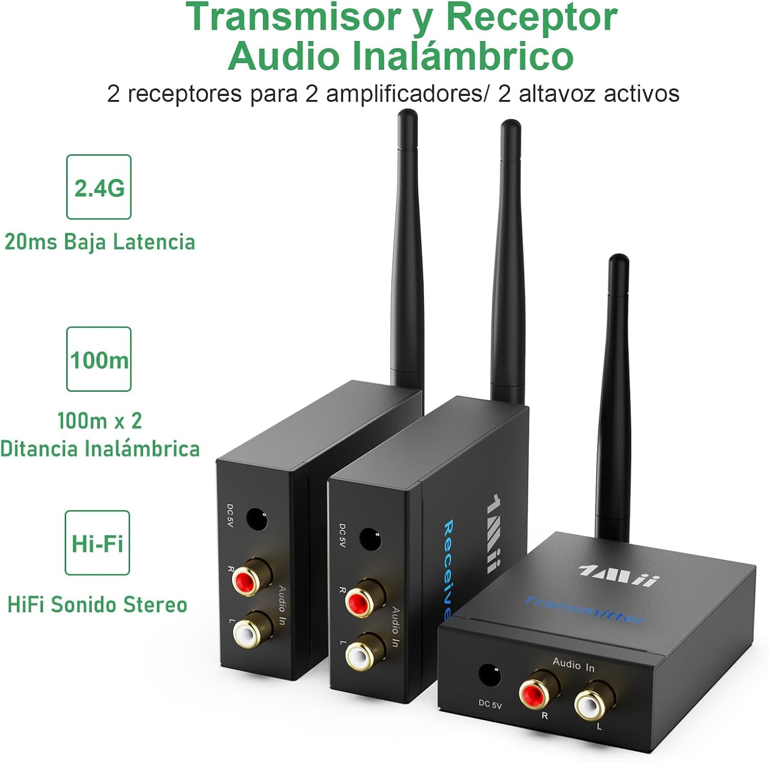 1Mii (1 TX+2 RX) Transmisor Receptor de Audio Inalámbrico | 2.4GHz Audio, Baja Latencia 20ms, Largo Alcance 100m, Salida 3.5mm AUX/RCA, Desde TV/PC a Altavoz Activo y Barra de Sonido
