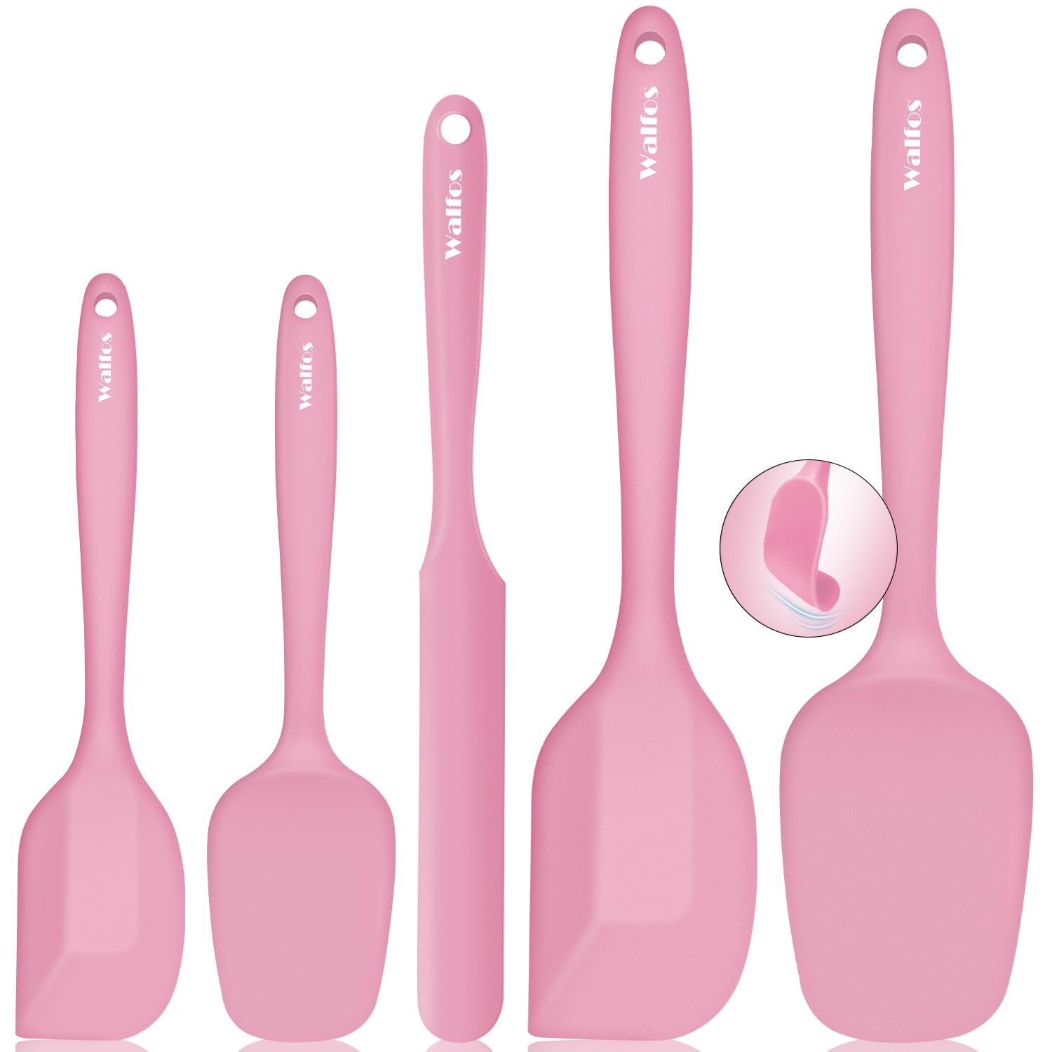 Walfos Silicone Spatula Set of 5 - (600°F) High Heat Resistant Kitchen Scraper Spatulas, One-Pieces Seamless Design, Perfect for Cooking Mixing & Baking - BPA Free and Dishwasher Safe（Pink）