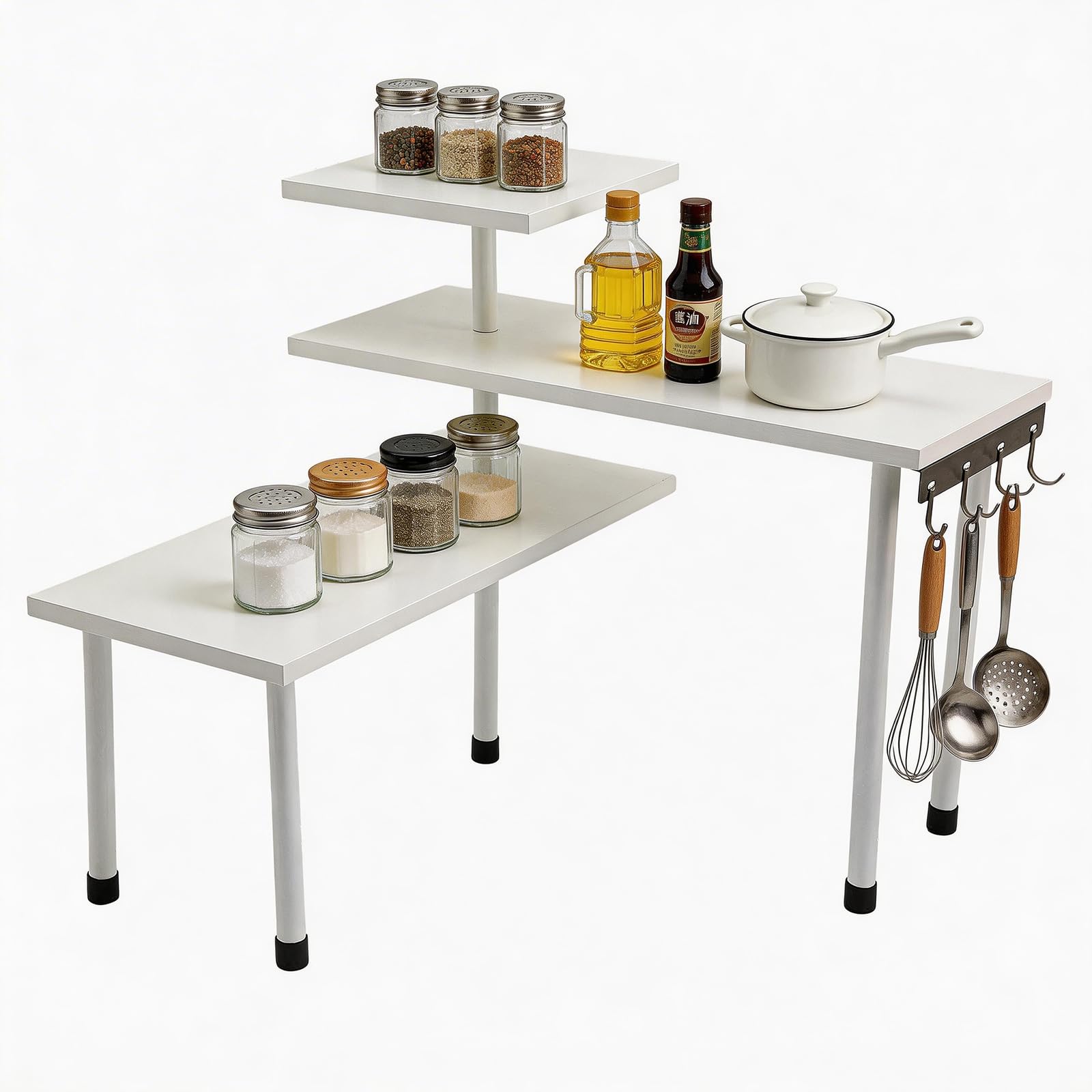 3 Tier Corner Shelf Countertop Organizer, 4 Side Hooks, Wood Metal Moveable