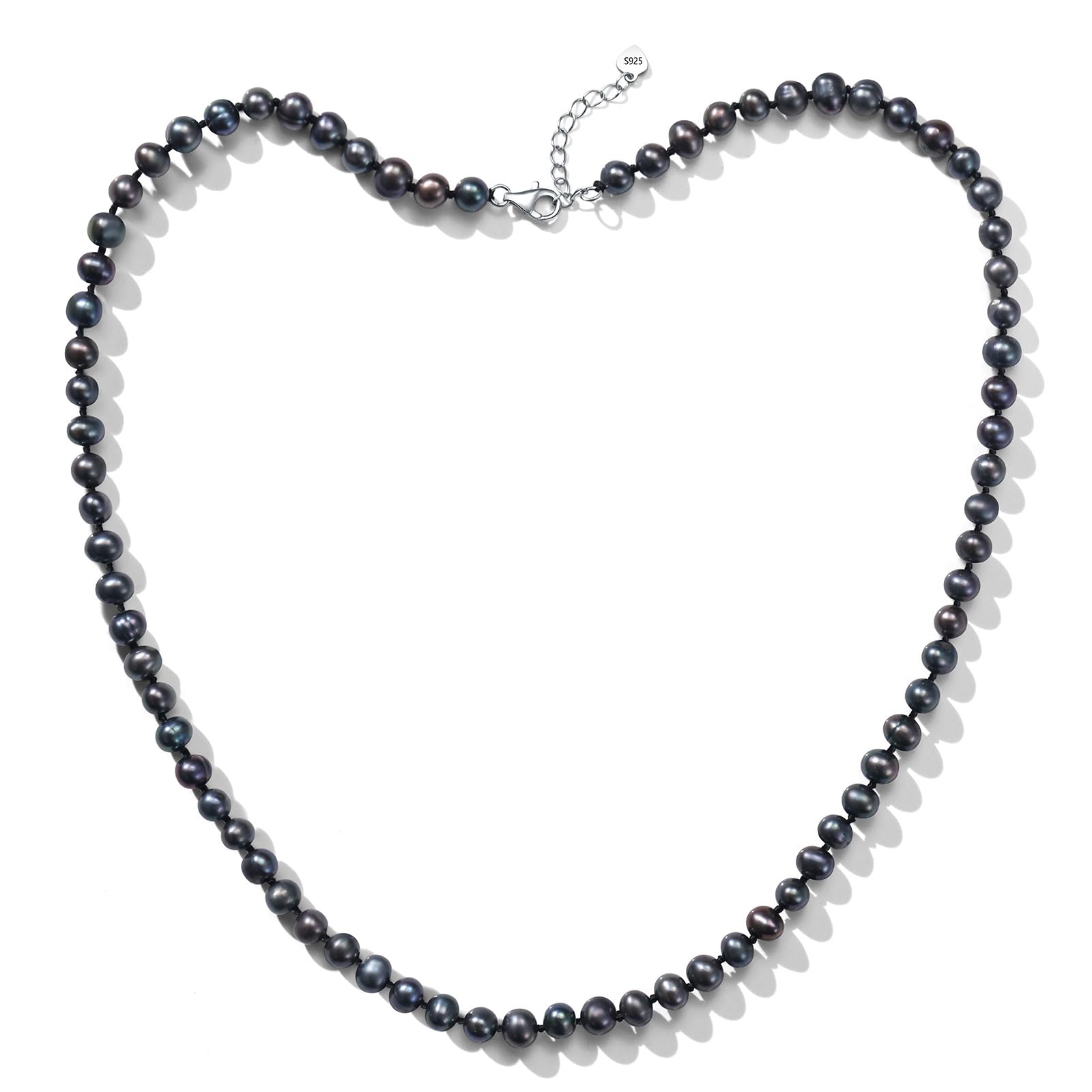 YAMI Collar de perlas negras, 5,5-6 mm, perlas redondas naturales cultivadas en agua salada con cierre de plata de ley 925, elegante, 18 + 2