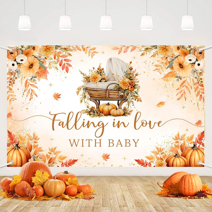 MEHOFOND Fall Little Pumpkin Baby Shower Banner, Fall in Love with Baby Party Supplies, Autumn Floral Baby Shower Decorations, Falling in Love with