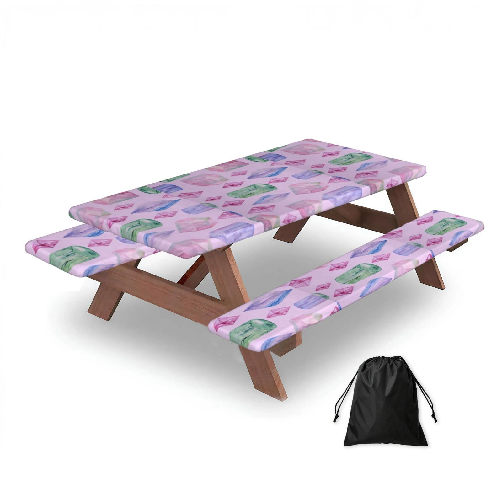 Bright Crystals And Gems, Picnic Table Cover With Bench Covers -Waterproof Elastic Fitted Tablecloth for Garden Camping Patio 76x152cm