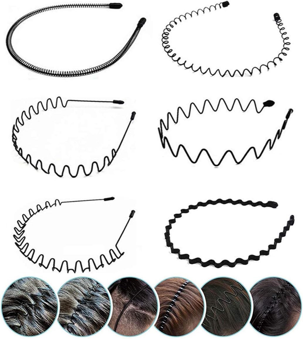 Metal Hair Band - 6 Pieces Metal Headband for Men and Women, Adjustable, Durable, Wavy Hairband, Hair Bands for Sports, Fashion, Unisex, Black, Elastic, 6 Count