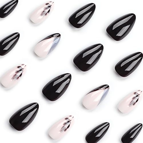 Miniatura 3 de Uñas postizas a presión de almendra, color negro brillante, diseño de líneas doradas, uñas acrílicas, hojas verdes negruzcas, uñas postizas de