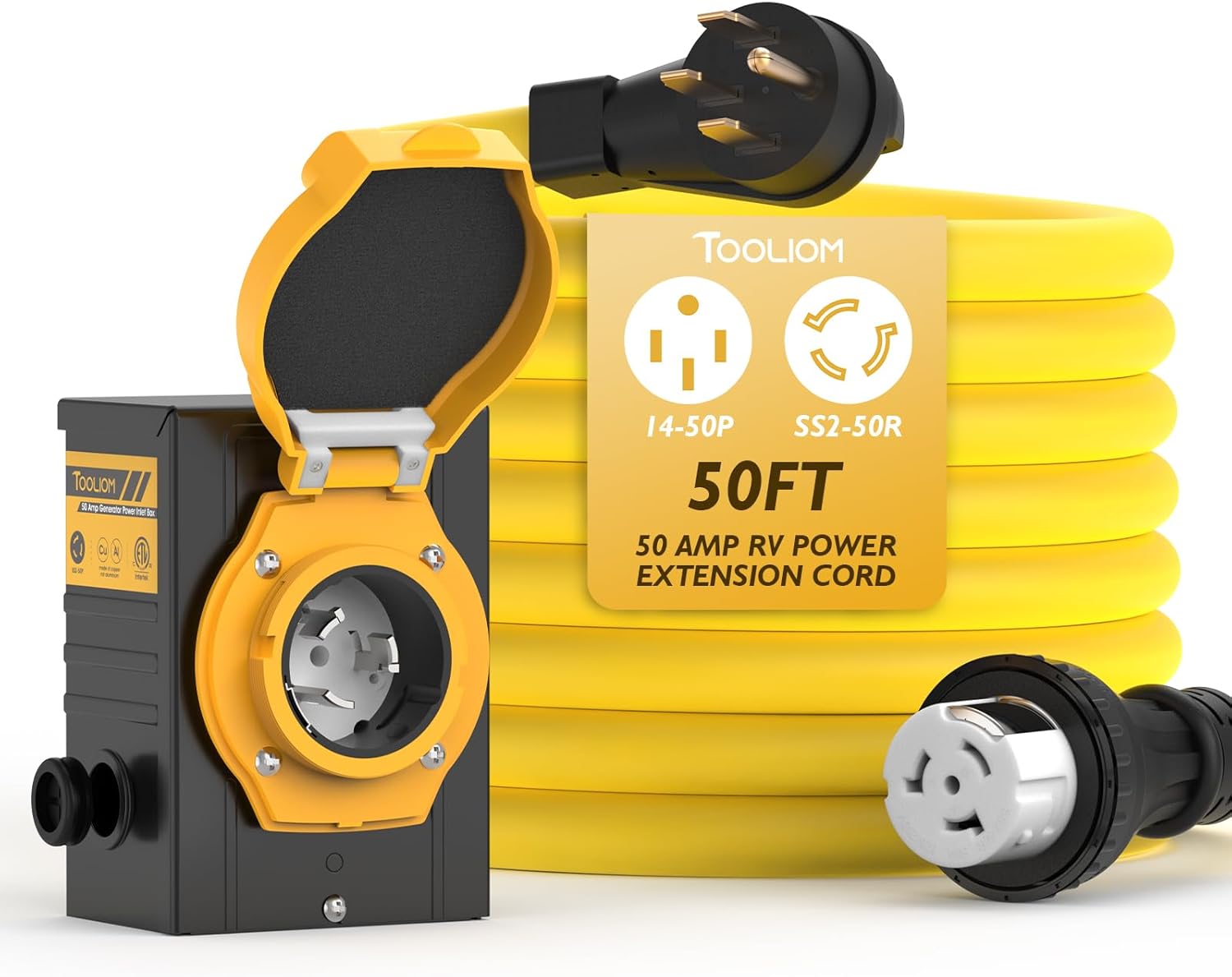 TOOLIOM 3 Prong 50 Amp Generator Cord 50FT and Power Inlet