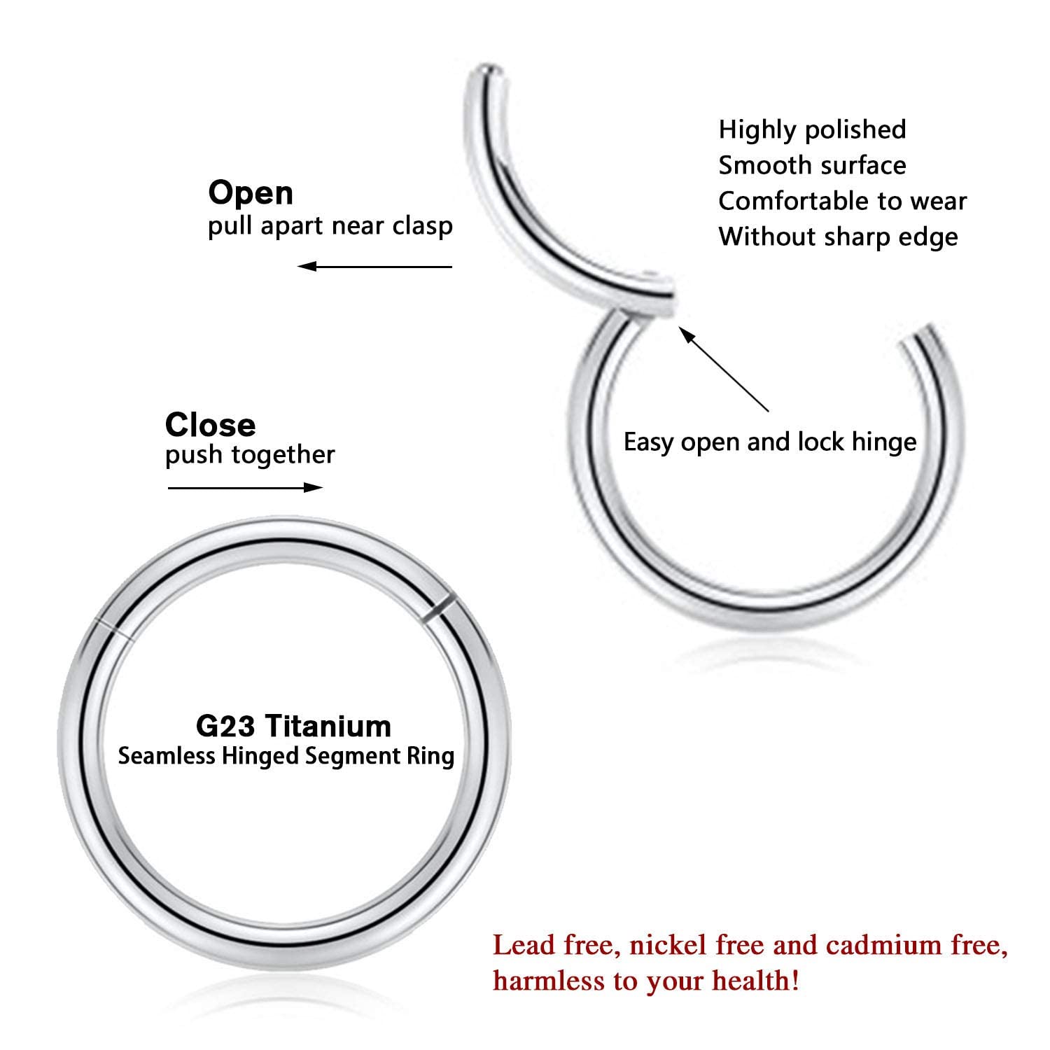 hengkaixuan 2Pcs Titanium Nose Hoop Rings Hinged Segment Clicker Rings Cartilage Helix Lip Tragus Conch Piercing Jewellery Sleeper Earrings Septum Lobe Hoop Earrings — view 4