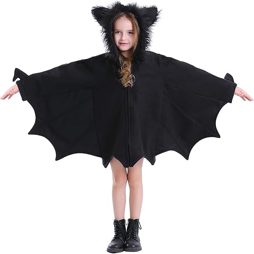 Halfjuly Bat Costume for Kids Animal Cosplay Girls Black Cute Cozy Children Halloween Vampire Zipper Dress L