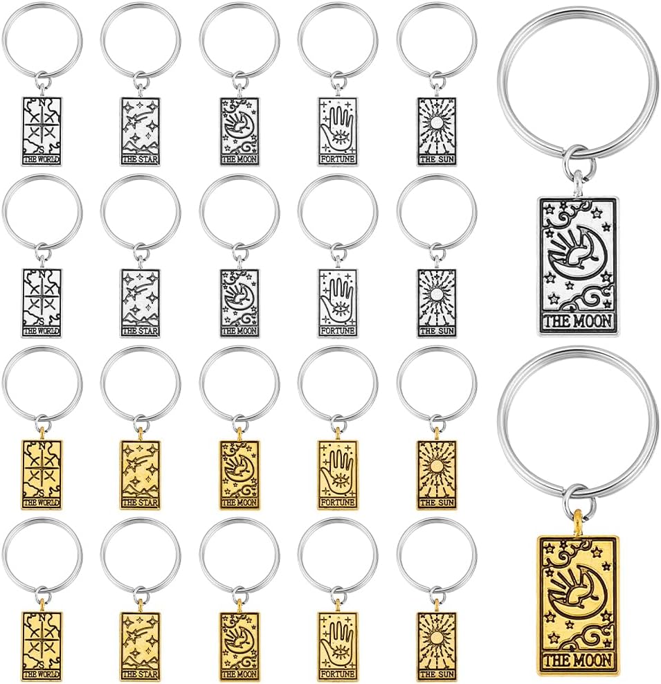 PH PandaHall 20PCS Tarot Cards Keychains, 10 Style Tibetan Alloy Tarot Pendant Keychain Stainless Steel Vintage Keychain Clasps for Students Halloween Keys Cars Bags Antique Silver & Antique Golden