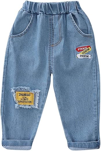 Hopscotch Unisex Child Regular Fit Mid Rise Cotton And Polyester Applique Solid Text Jeans