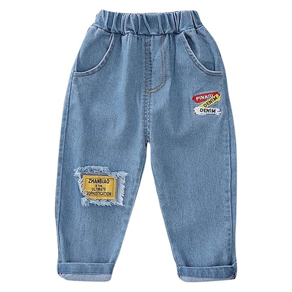 Hopscotch Baby Boys and Baby Girls Cotton and Polyester Applique Solid Text Jeans in Blue Color