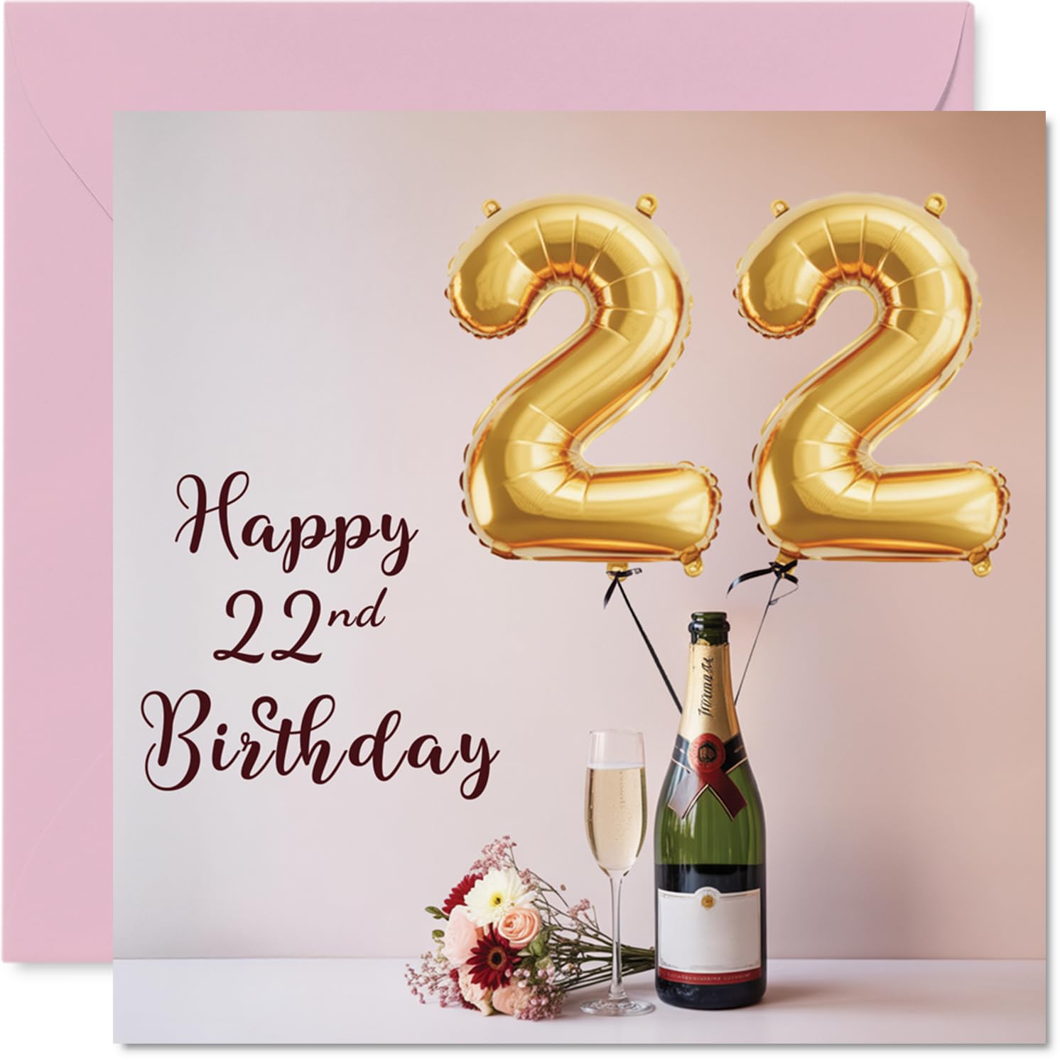 22nd Birthday Cards for Men Women - Balloons & A Bottle of Bubbly - Happy Birthday Card for 22 Year Old Man Woman Friend Auntie Sister Cousin, 145mm Bday Greeting Cards