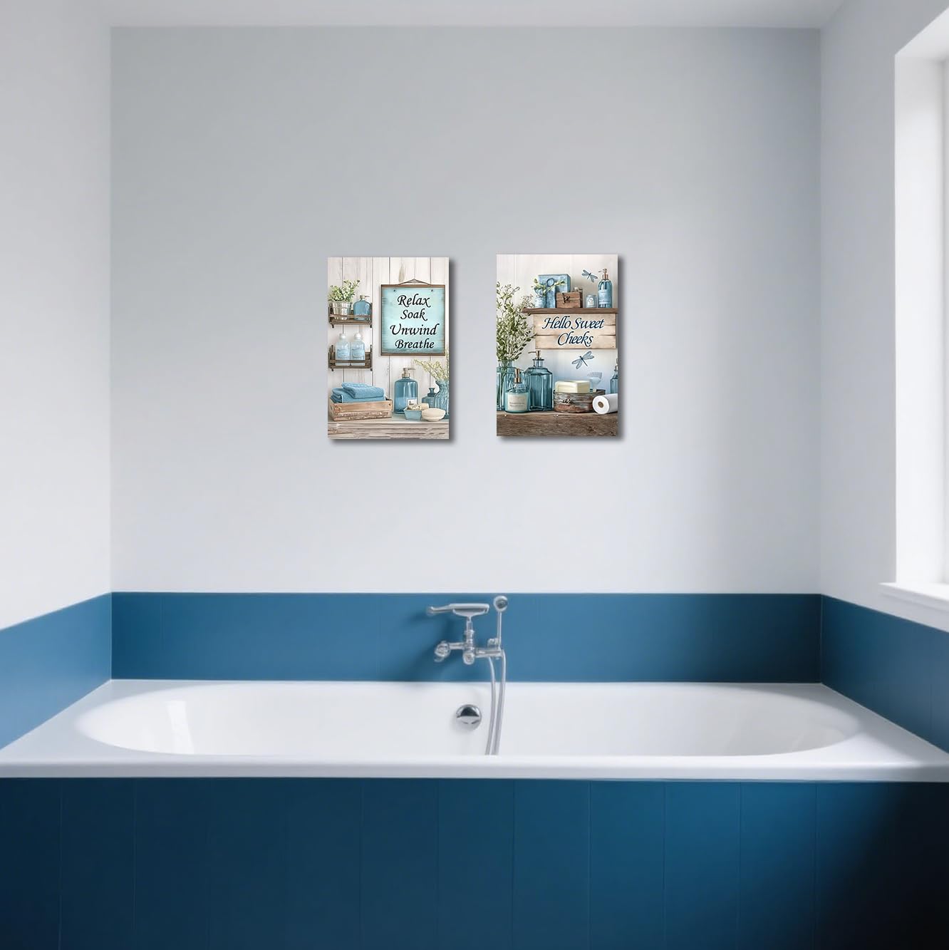 BJYCHG Farmhouse Bathroom Wall Decor 2 Pieces Rustic Bathroom Picture Quotes Sign Canvas Prints Vintage Flower Bottles Painting for Toilet Laundry Framed (Blue, 12x16inchx2 Pieces)