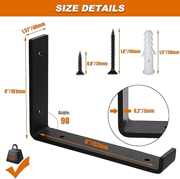 MLOQI 2 Pack Scaffold Board Shelf Brackets with Lips, 5mm Thick Heavy Duty L Wall Brackets for Shelves, Black Industrial Shelves Support (6