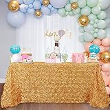 B-COOL Gold Tablecloth Rosette 90x132 Inch 3D Floral Wedding Table Fabric Rectangle Rose Satin Table Overlay for Birthday Wedding Anniversary Party Holiday Decorations