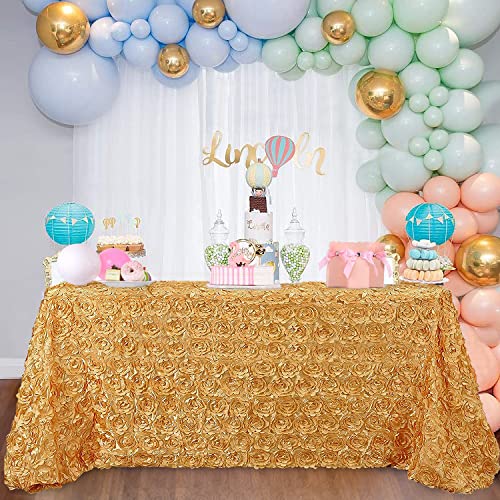 B-COOL Gold Tablecloth 90x132 Inch White Rosette Satin Table Cloth
