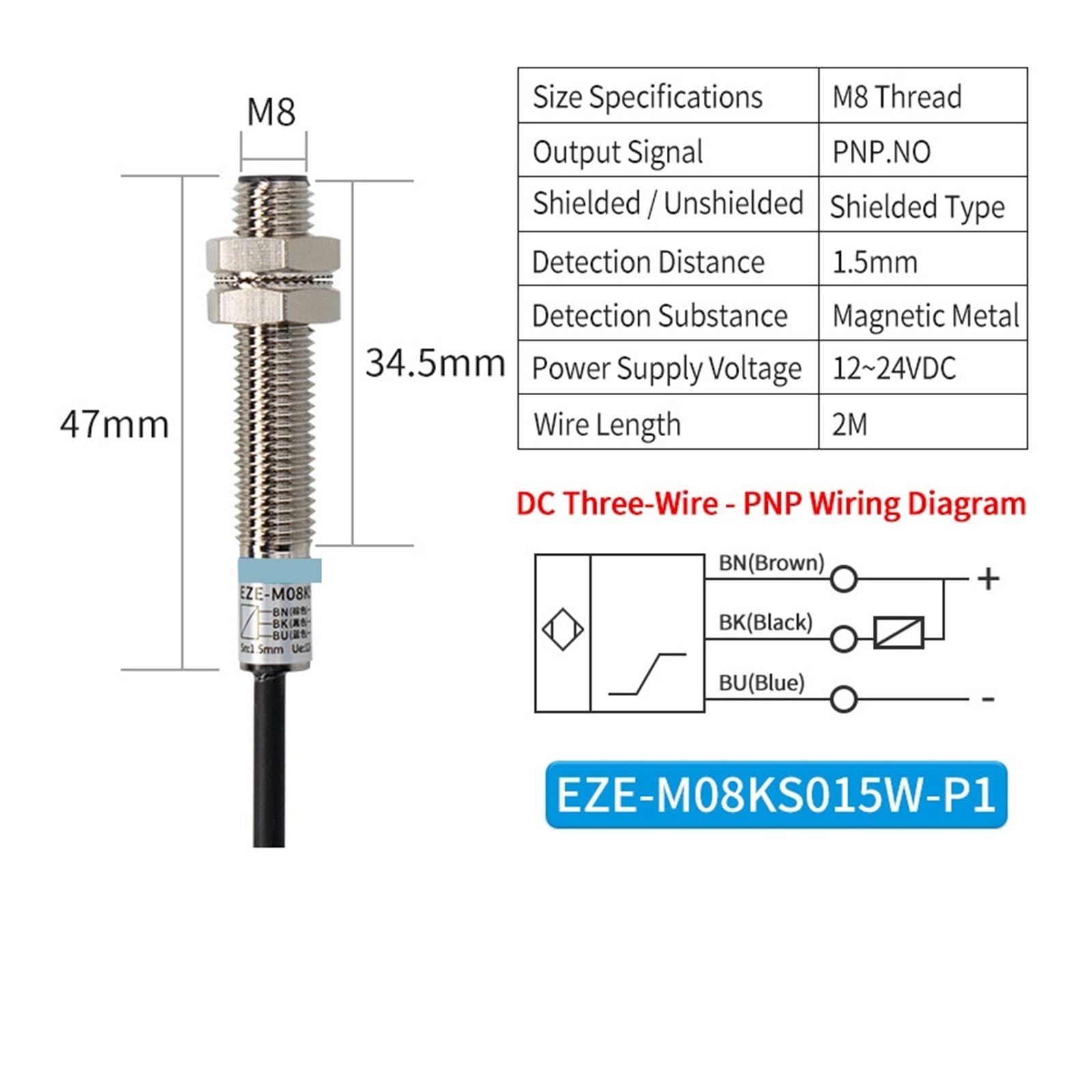 XYNSNDB Capteur de Limite Longue Distance à Induction métallique M8M12, Trois Fils NPN normalement Ouvert PNP normalement fermé (EZE-M08KN02W-P1)