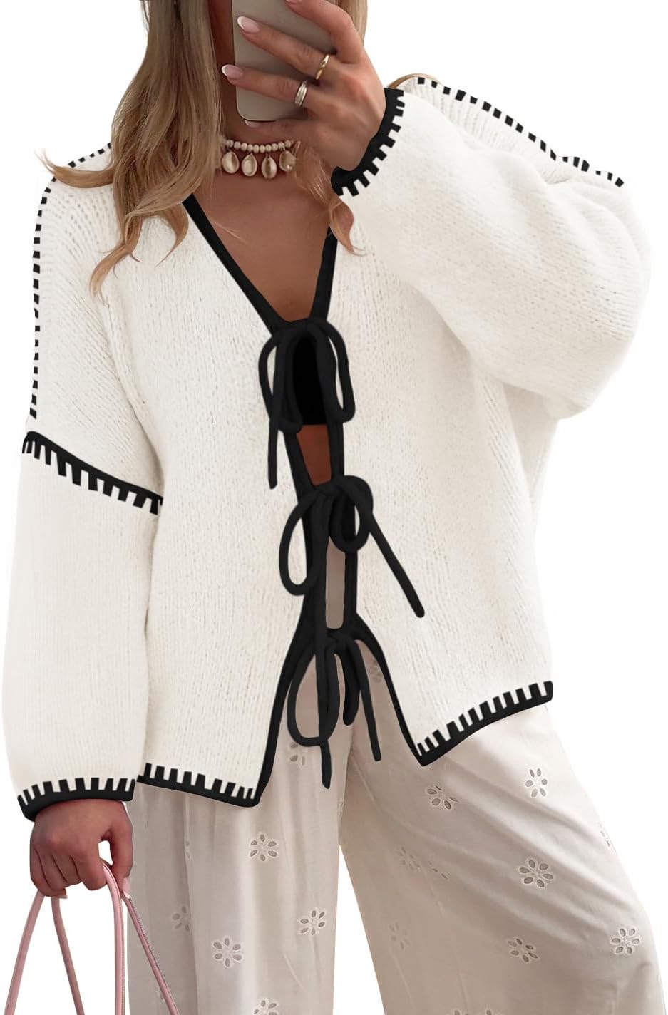 ZESICA Crdigans for Women Trendy 2025 Tie Front Bow Sweaters Casual Long Sleeve Winter Clothing Coats