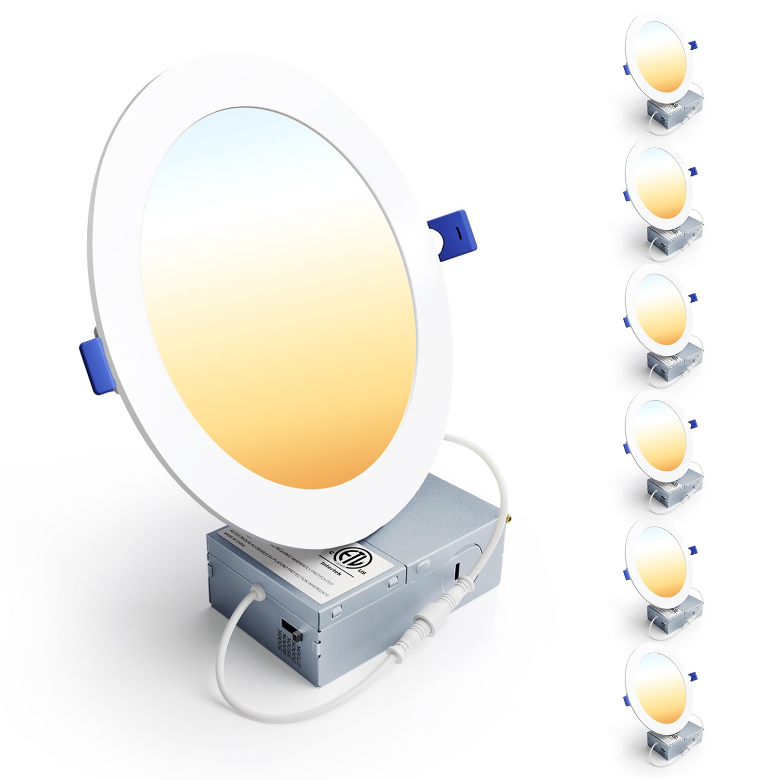 ensenior 6 pack 7 inch led recessed ceiling light, dimmable, 2700k-5000k 5cct, 1600lm 15w 120v, high brightness canless wafer downlight - etl&fcc&ic