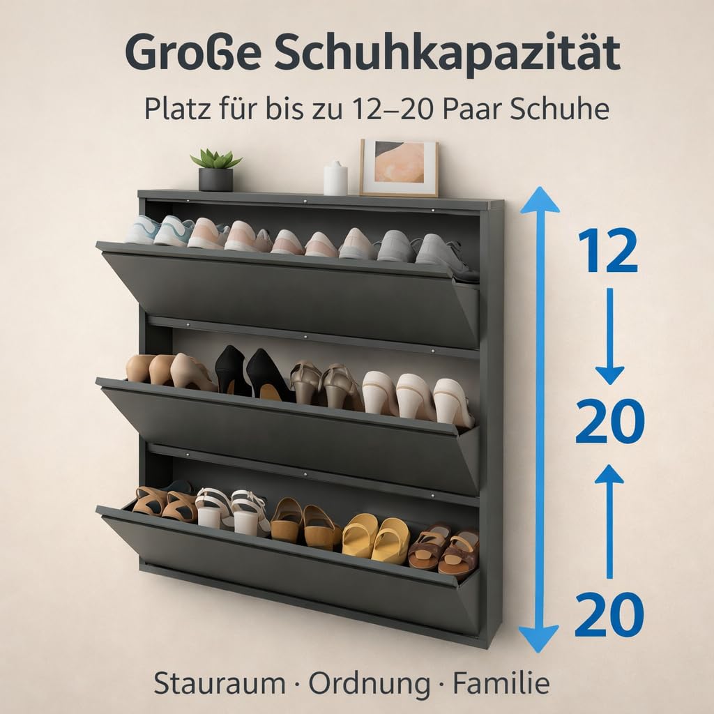 Metall Schuhschrank mit 3 Klappfächern, Schmaler Schuhkipper für Flur, Schuhregal für 12–20 Paar Schuhe, Moderner Schuhschrank für Eingangsbereich & Wohnzimmer (3 Klappfächern)