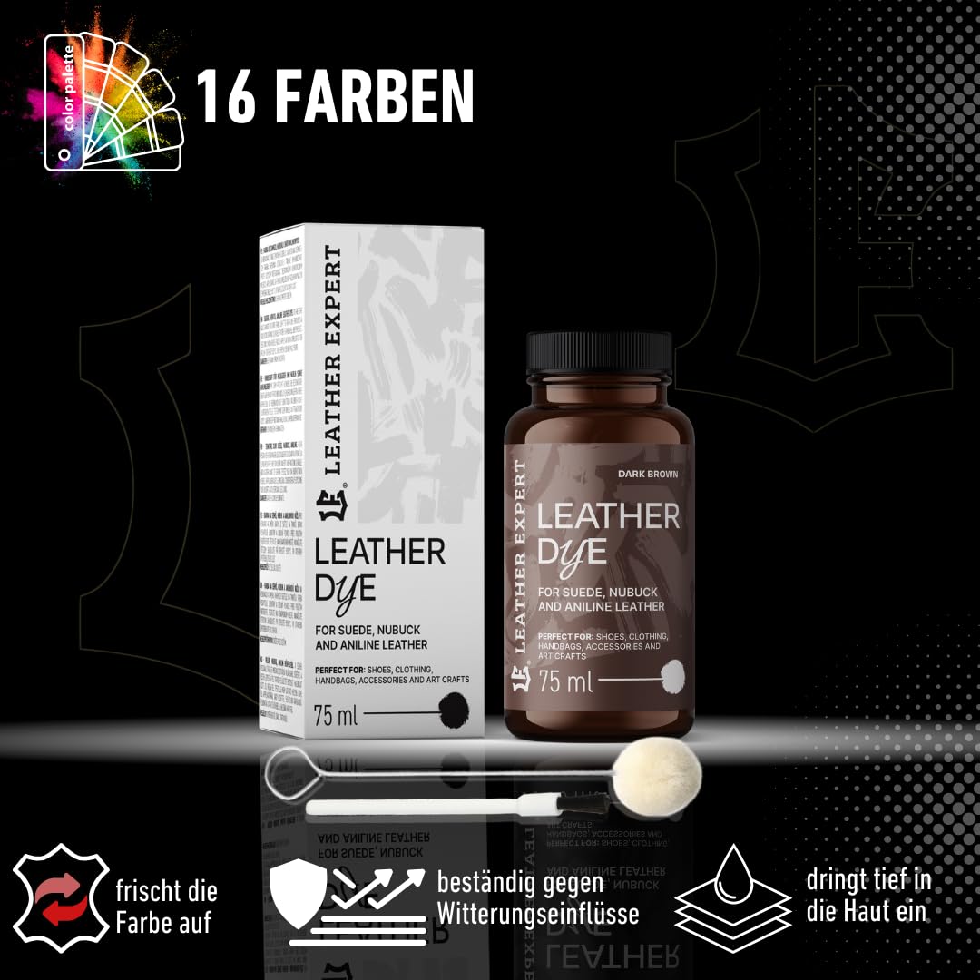 Penetrating Leather Dye - Lederfarbe Schwarz 75 ml - Ideal zum Schuhe, Handtaschen und Accessoires – inkl. Applikator & Pinsel - Schuhfarbe für Wildleder, Nubuk- und Anilinleder (16 Farben)