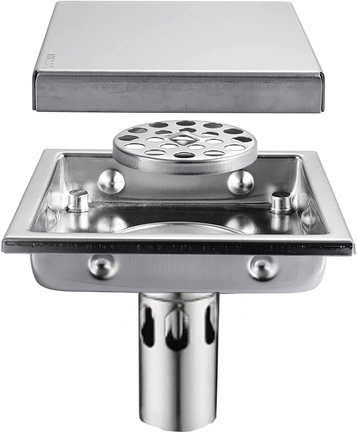 Drain de sol carré 4 po en acier inoxydable finition brossée haut de gamme
