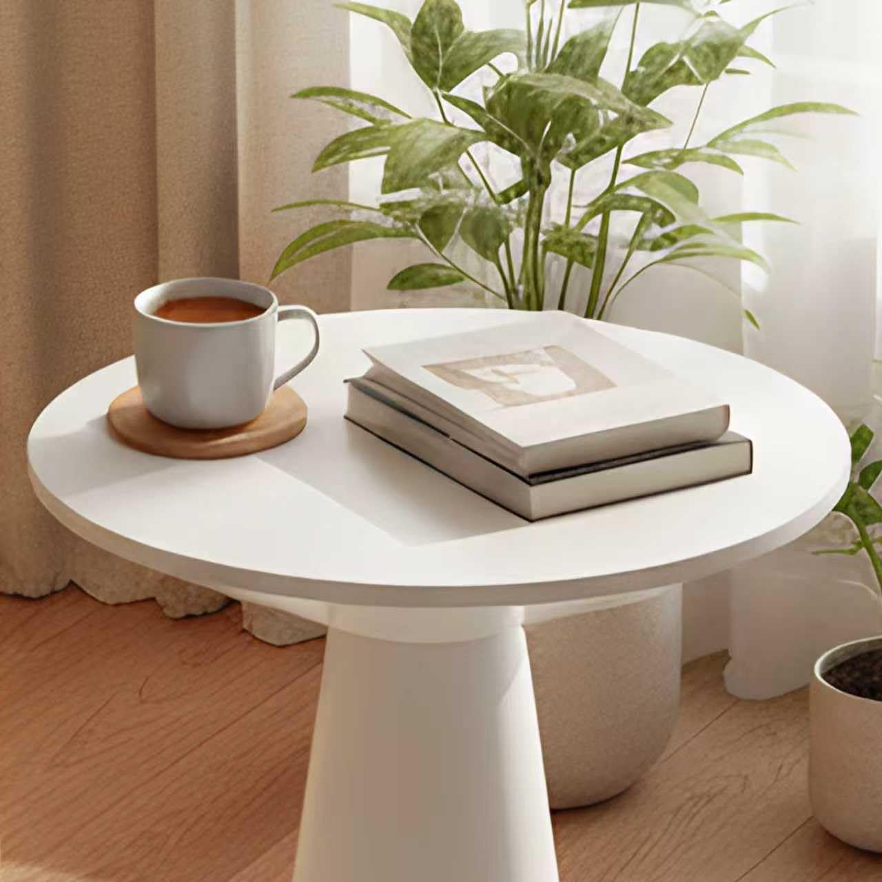 Table d’appoint Ronde en Bois, Petite Table Basse Ronde pour Salon, Table Balcon Couleur Blanc, Bout de canapé étroit ou Table de Chevet, guéridon Moderne Style Farmhouse, Ø34×50cm
