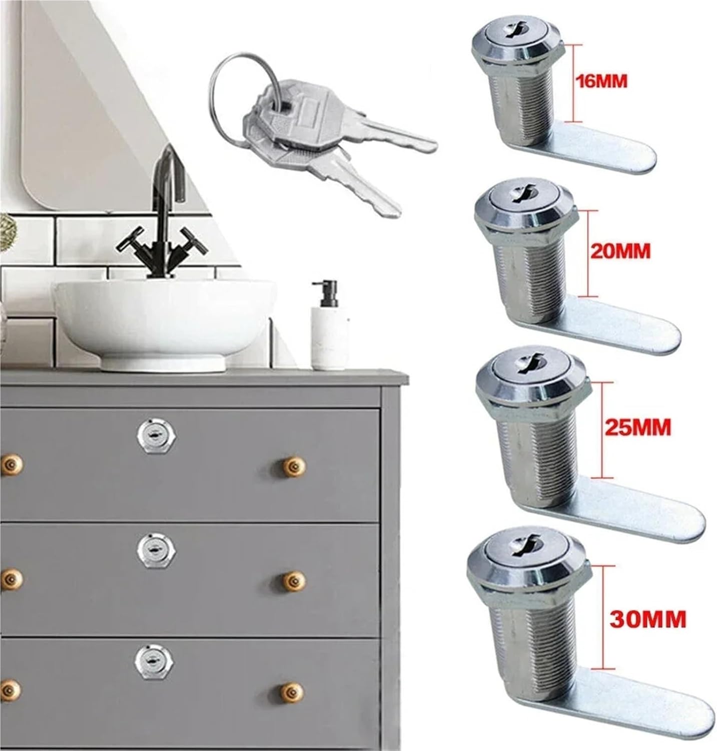 1PCS 16/20/25/30mm Drawer 2 Keys Locks Door Furniture Hardware(16 mm)