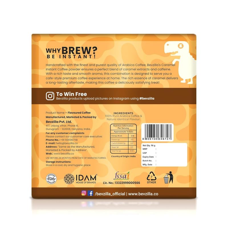Image of Bevzilla 48 Instant Coffee Powder Sachets (Caramel) - 96 Grams | Makes 48 Cups| Arabica Coffee| Strong Coffee| Easy To Carry| Best For Espresso, Latte,Cappuccino | | Enjoy Hot & Cold (Pack of 2)