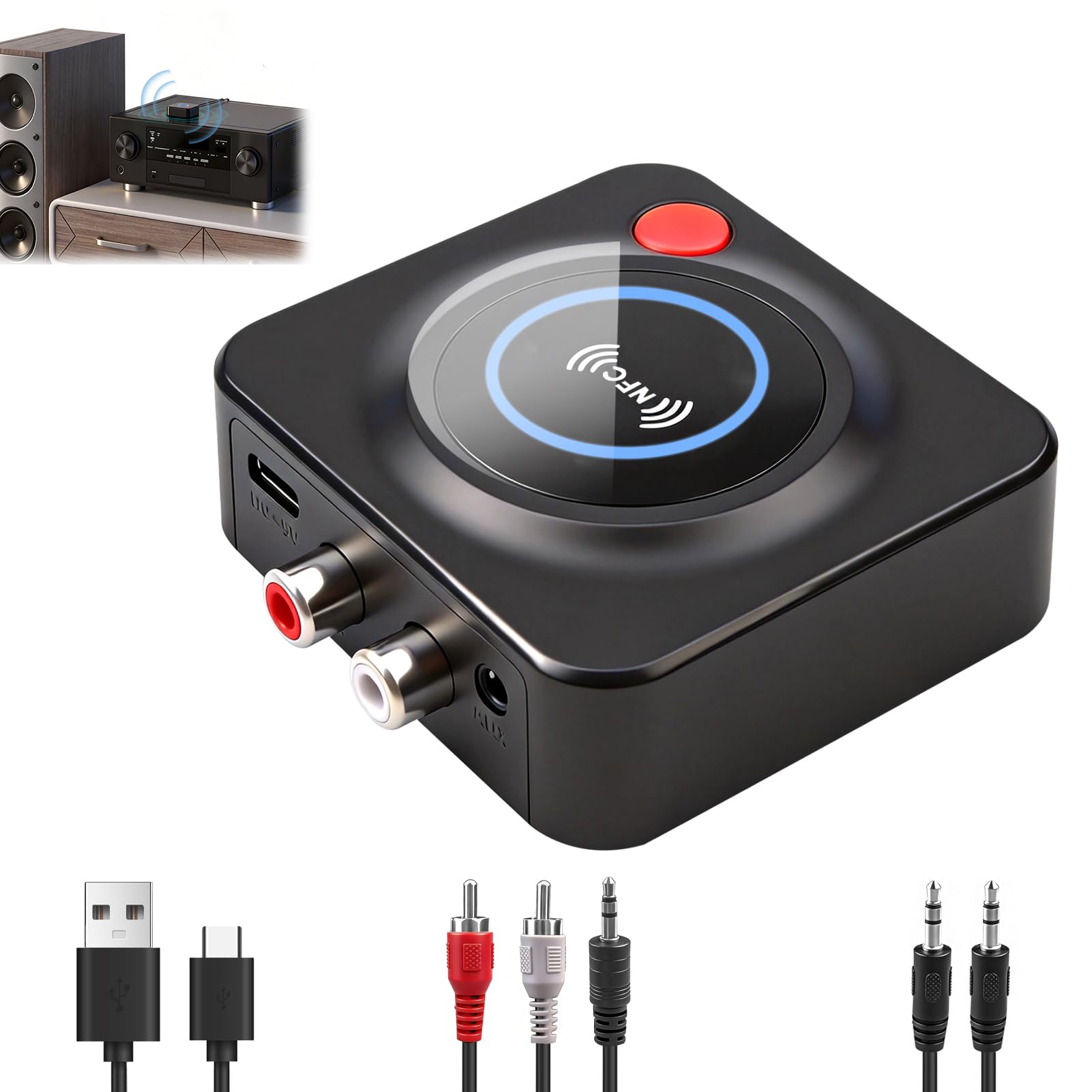Receptor Bluetooth 5.1 HiFi, Adaptador de Baja Latencia con NFC/3.5mm AUX | Conexión Dual para Estéreo,Receptor Bluetooth para Amplificador, Altavoces, Home Cinema, Equipo Música, Smartphone y Tablet​