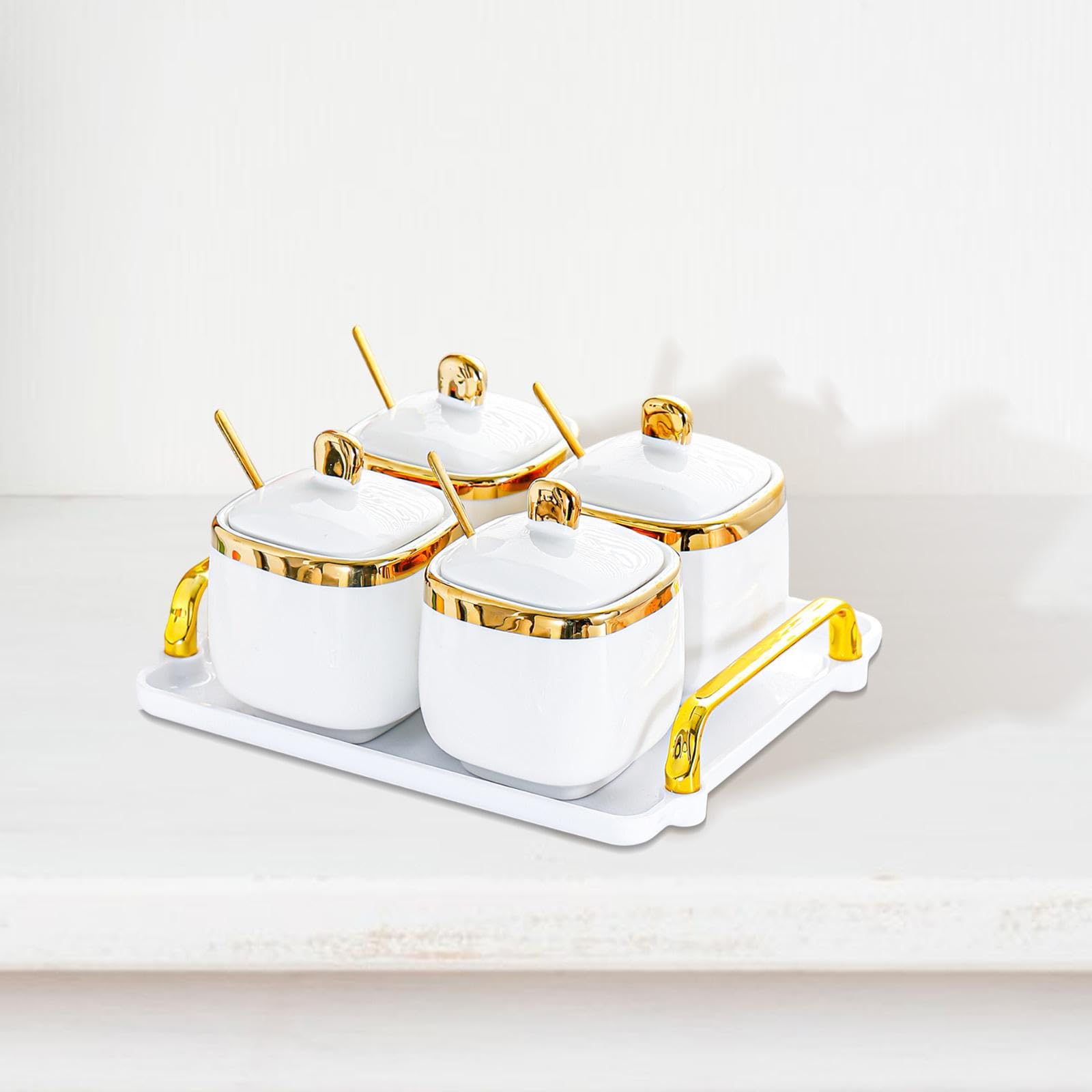 Récipient en Porcelaine pour Condiments, boîte à épices avec cuillère pour comptoir, 4 Pots d'or