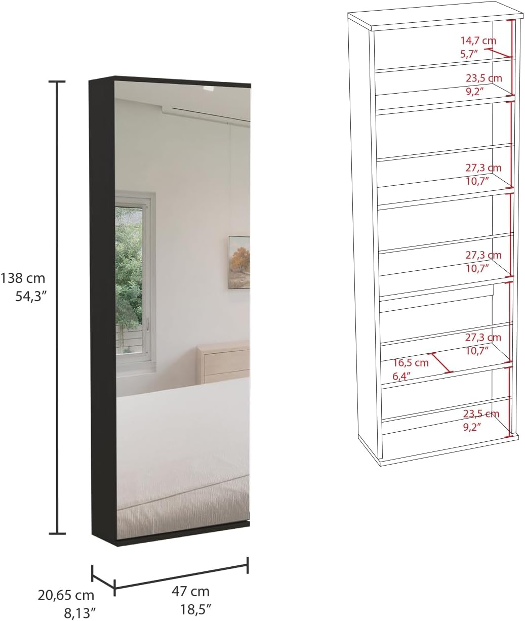 Leto Wall Mounted Shoe Rack with Mirror, Single Door, Capacity for Ten Shoes -Black