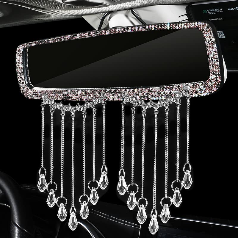 Bling Car Rear View Mirror with Crystal Diamonds Rhinestone,Women-specific car shiny rearview mirror decorative accessories (D5(Diamond chain model-AB purple diamond + crystal pendant))