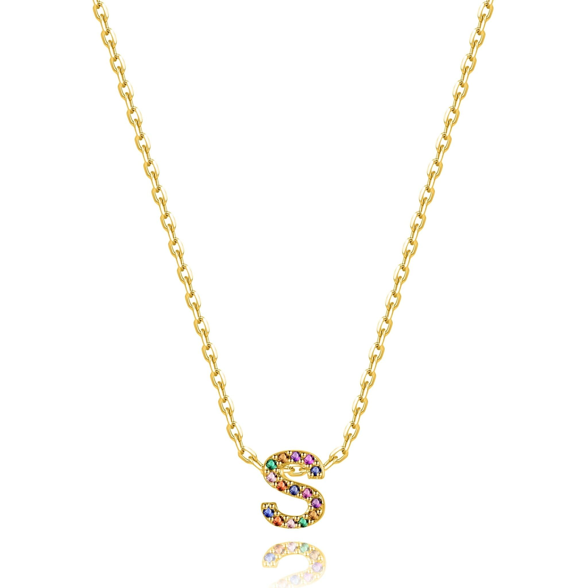 MARLION JEWELSCollar de Plata de Ley 925 con las Letras Llenas de Circonitas de Colores para Mujer. Colgante acabado en Plata o Baño Oro 18K. Perfecto para Regalo de Cumpleaños. Joyas para mujer.