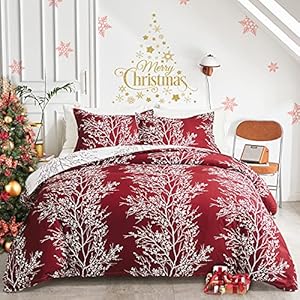 Flysheep burgundy red botanical christmas comforter set queen full size red and white tree branch floral reversible 3 piece bedding set ultra soft microfiber for all season  urban country home decor