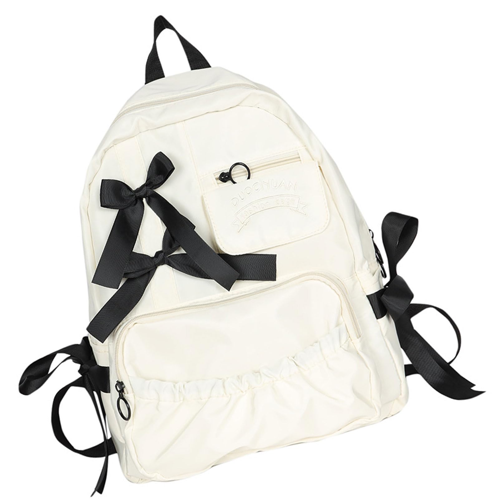 Sueale Unisex White Fashionable Nylon School Book Bag For Teenager Girls With Bowknot Decoration Water Resistant Backpack Pleated Rucksack Casual Daypack