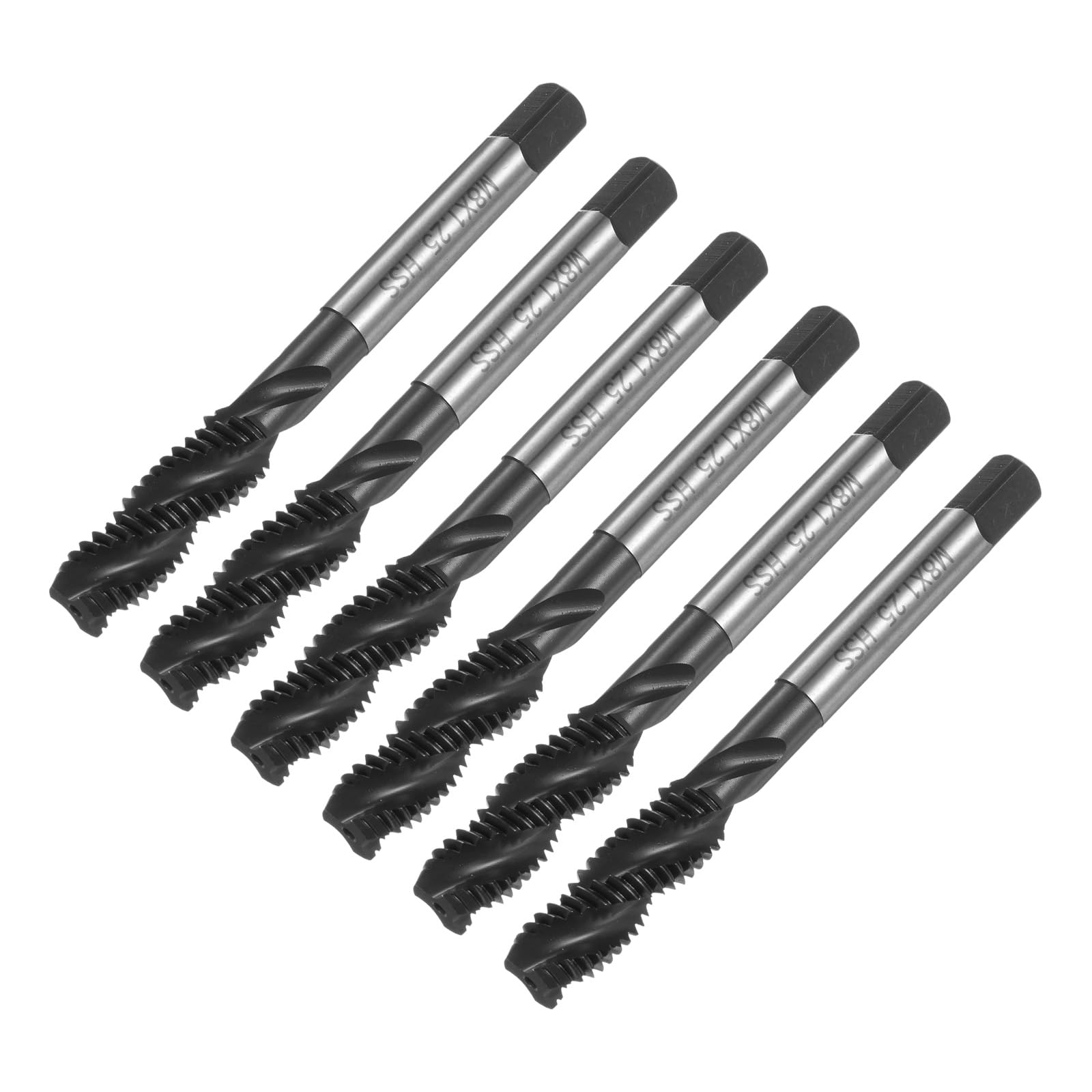 uxcell 6pcs Metric Spiral Flute Thread Taps, M8 x 1.25 H2 Screw Threading Tap, Nitride Coated 6542 High Speed Steel Machine Tapping Tools for Machinist Repair