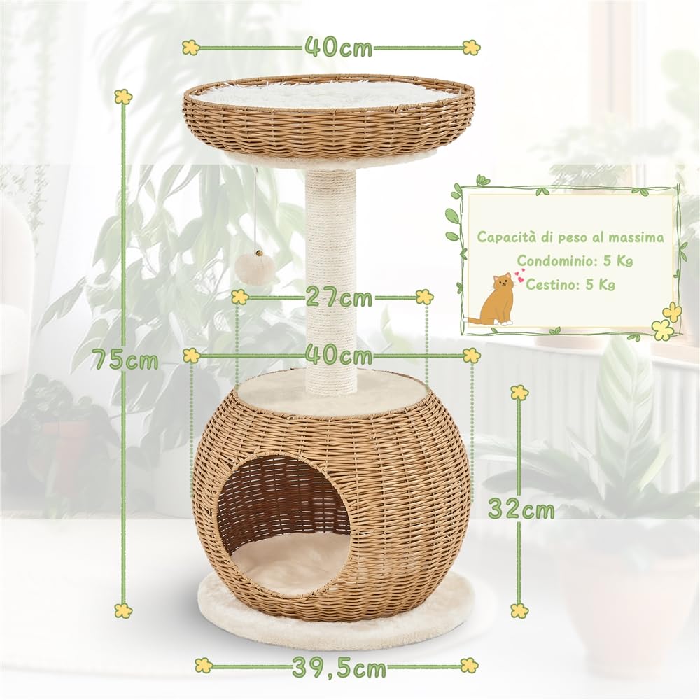 Albero Tiragraffi per Gatti 75 cm Cuccia per Gatti in Rattan Intrecciato PE con Cestino Superiore Rotondo in Sisal e Palla Appesa Beige